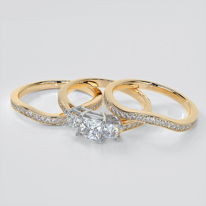 Princess Cut Three Stone Wedding Set With Accents