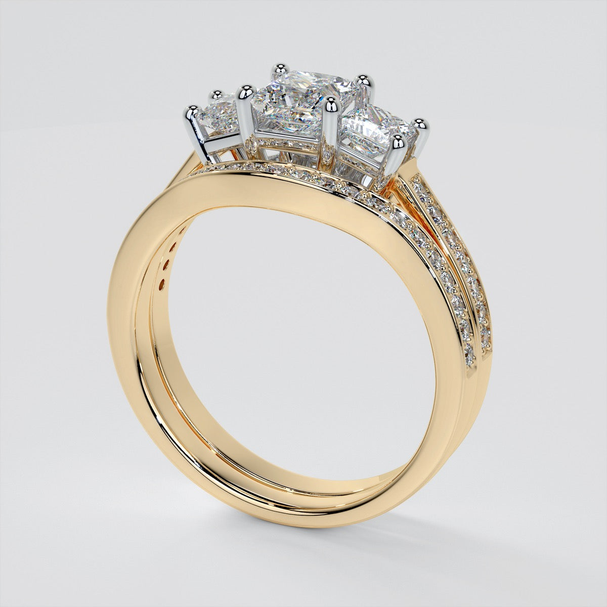 Princess Cut Accented Three Stone Wedding Set With 2 Matching Bands