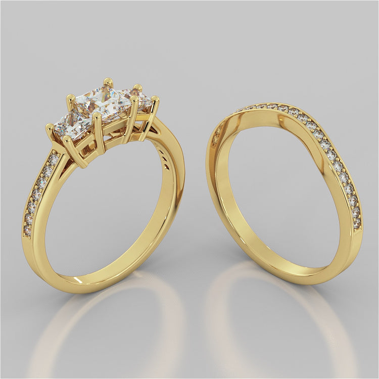 Princess Cut Three Stone Wedding Set With Accents