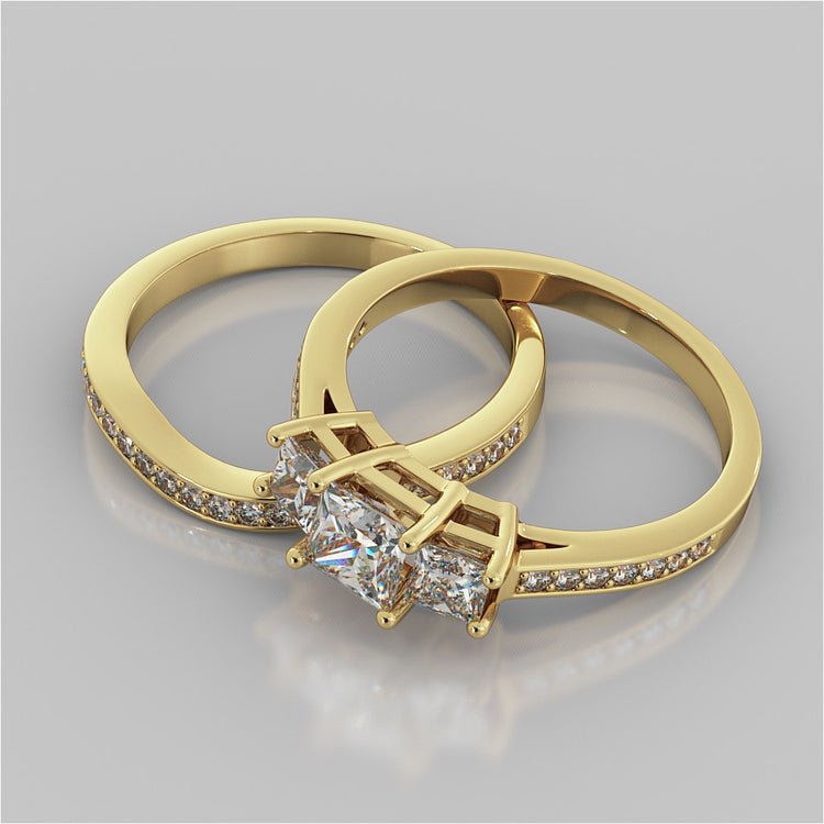 Princess Cut Three Stone Wedding Set With Accents