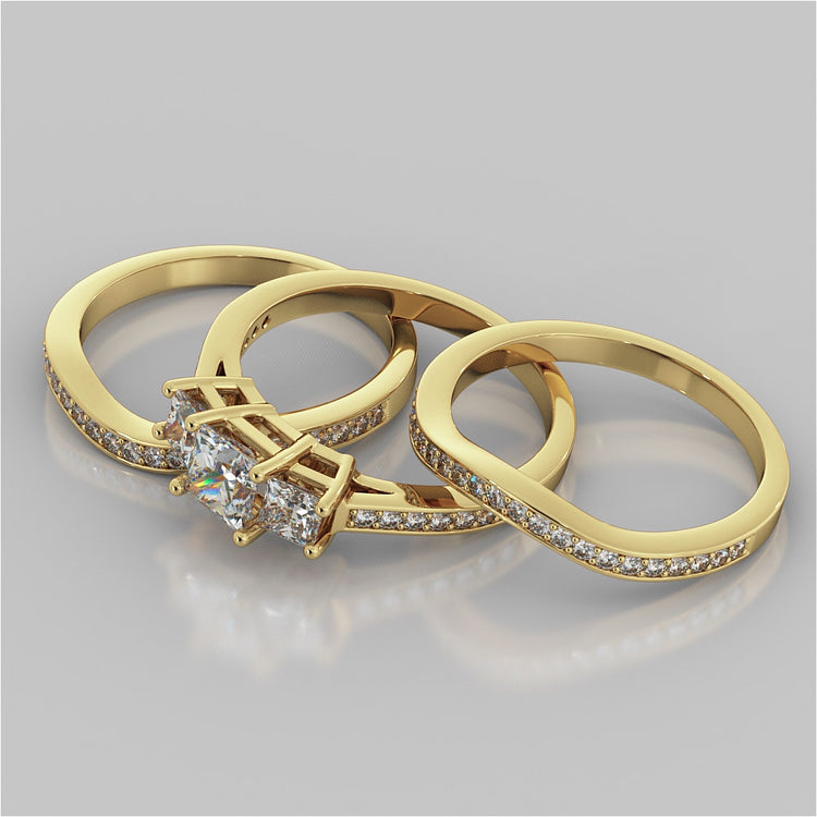 Princess Cut Three Stone Wedding Set With Accents