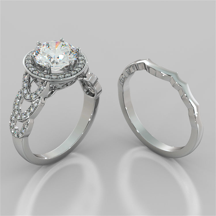 Round Cut Halo Cathedral Style Wedding Set With 2 Matching Bands