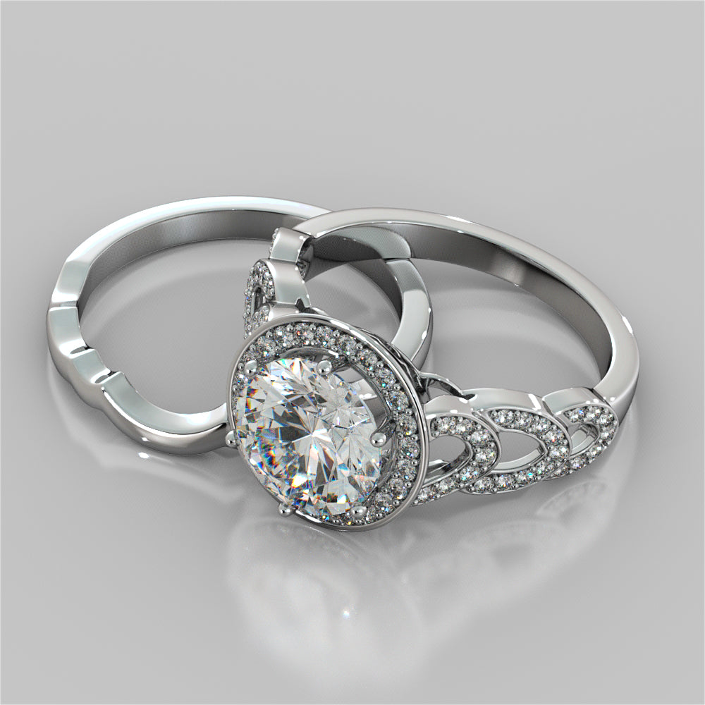 Round Cut Halo Cathedral Style Wedding Set With Accents