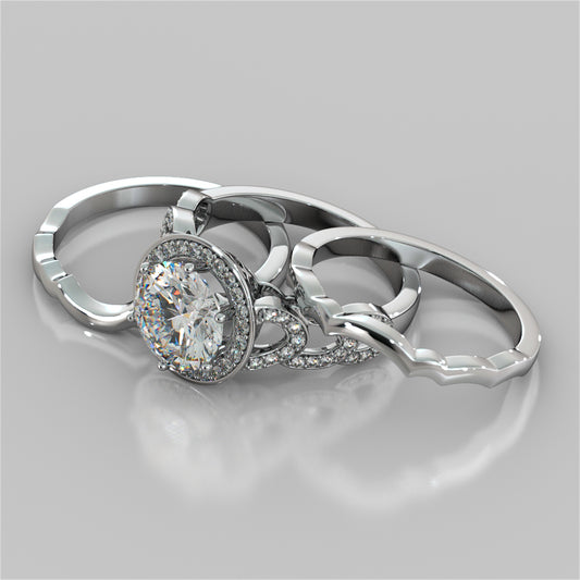 Round Cut Halo Cathedral Style Wedding Set With 2 Matching Bands