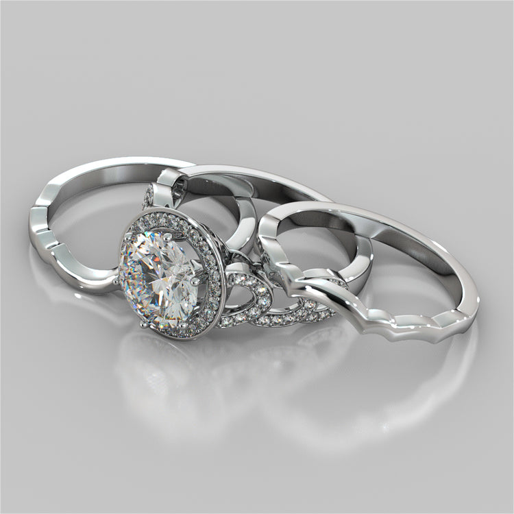 Round Cut Halo Cathedral Style Wedding Set With Accents