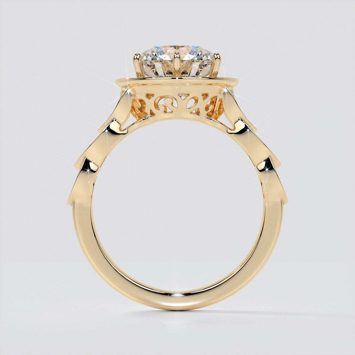 Round Cut Halo Cathedral Style Engagement Ring With Accents