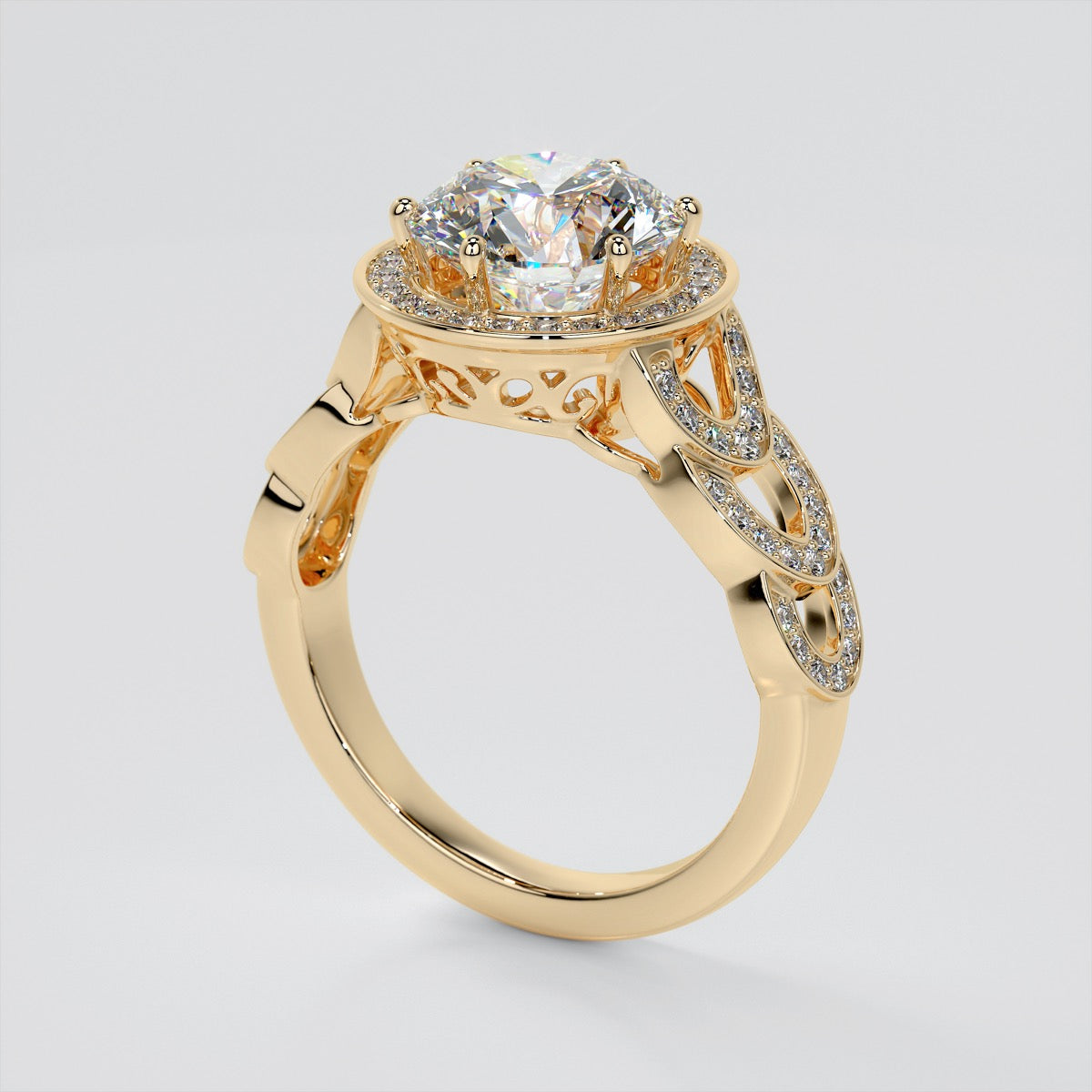 Round Cut Halo Cathedral Style Wedding Set With 2 Matching Bands