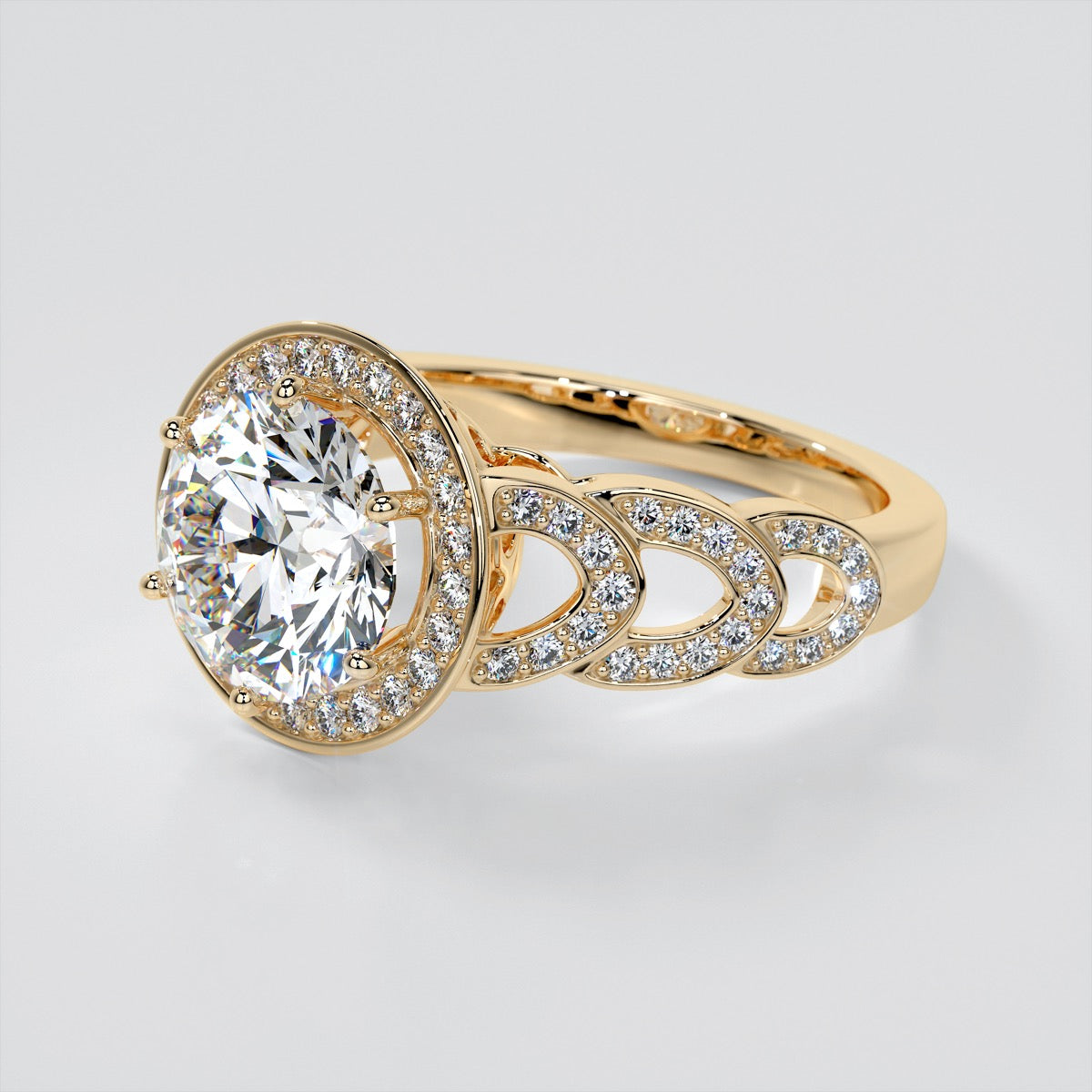 Round Cut Halo Cathedral Style Engagement Ring With Accents