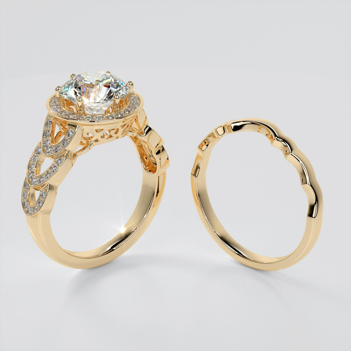 Round Cut Halo Cathedral Style Wedding Set With 2 Matching Bands