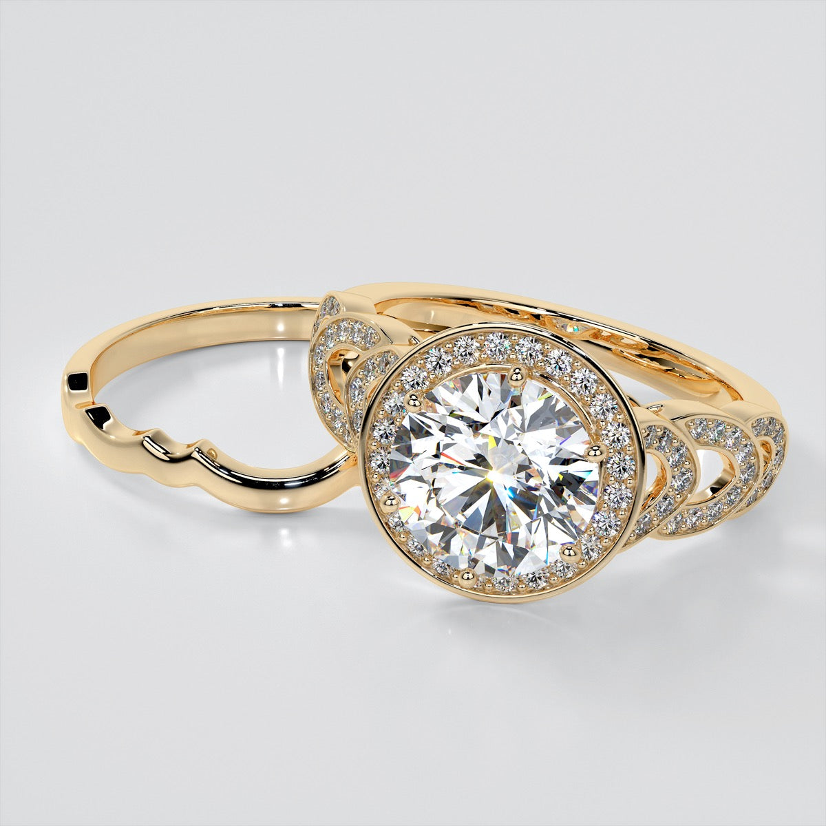 Round Cut Halo Cathedral Style Wedding Set With Accents