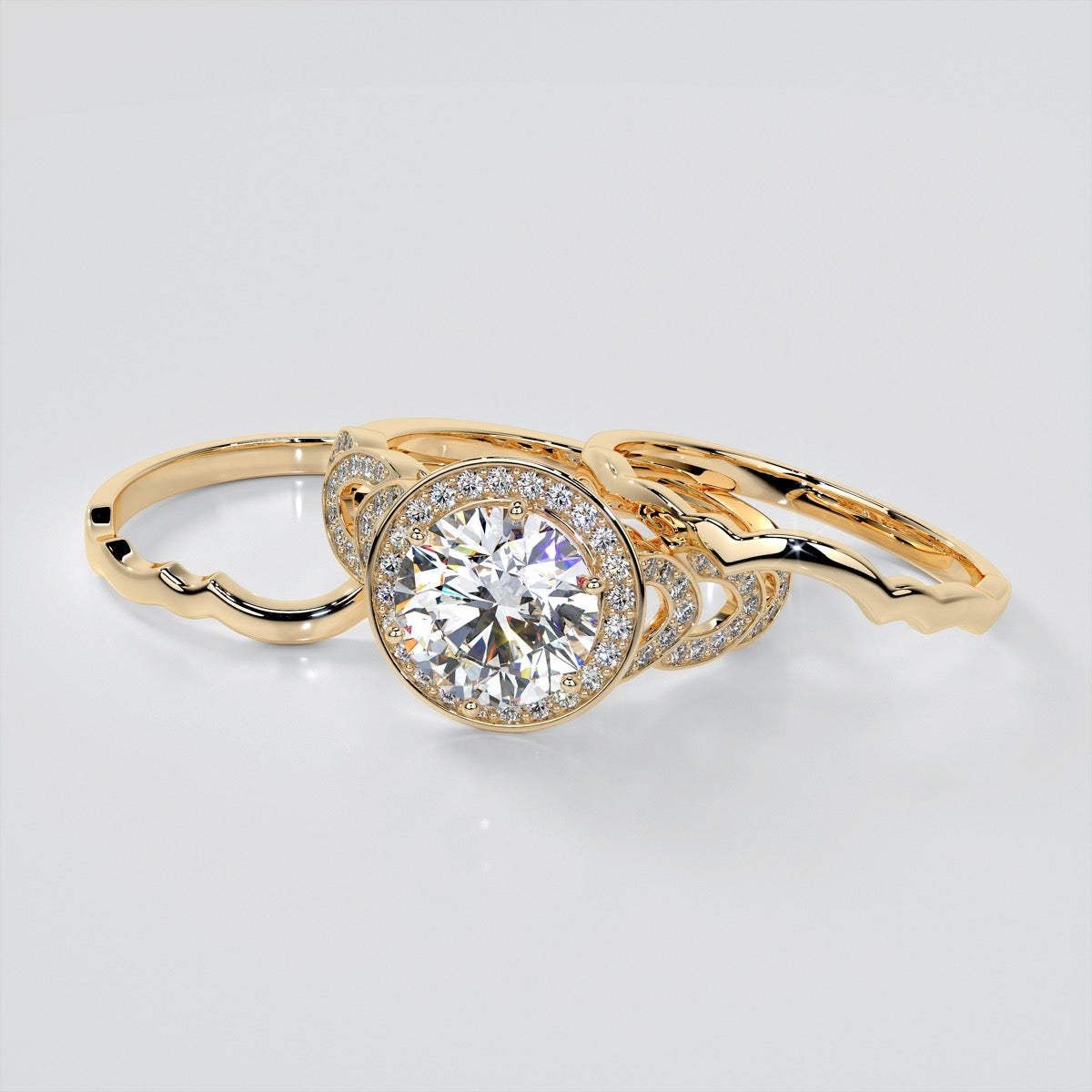 Round Cut Halo Cathedral Style Wedding Set With 2 Matching Bands