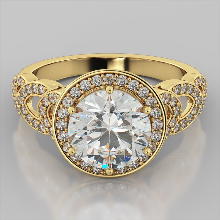 Round Cut Halo Cathedral Style Engagement Ring With Accents