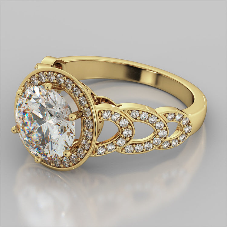 Round Cut Halo Cathedral Style Engagement Ring With Accents