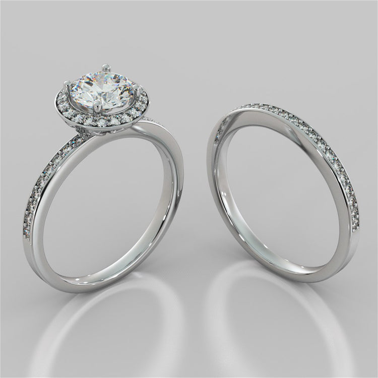 Round Cut Pavé Style Halo Wedding Set With Accents