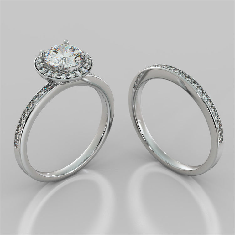 Round Cut Pavé Style Halo Wedding Set With 2 Matching Bands