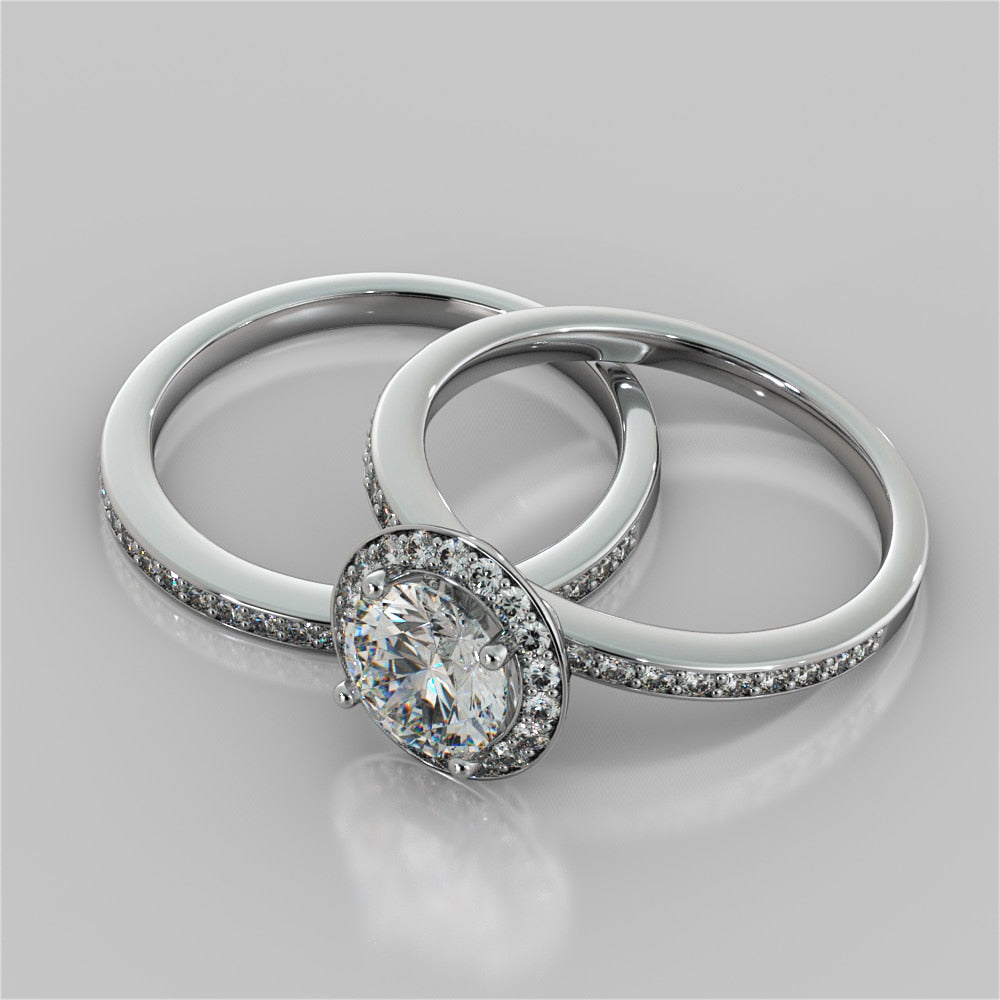 Round Cut Pavé Style Halo Wedding Set With 2 Matching Bands