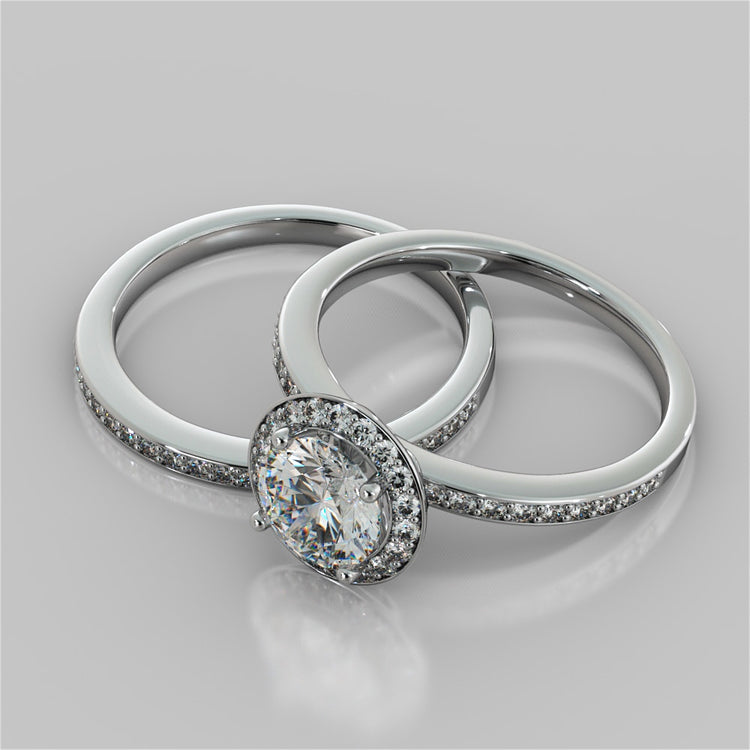 Round Cut Pavé Style Halo Wedding Set With 2 Matching Bands