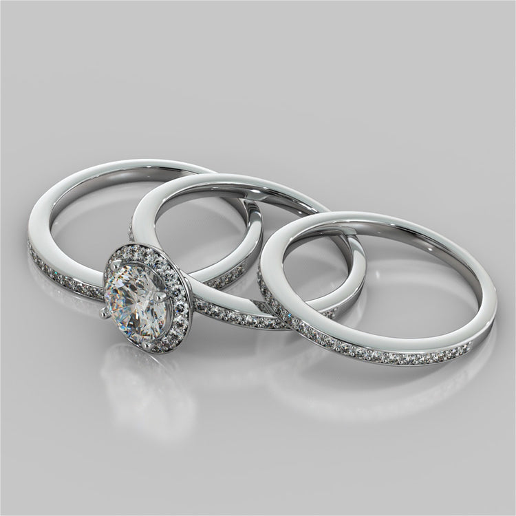 Round Cut Pavé Style Halo Wedding Set With 2 Matching Bands