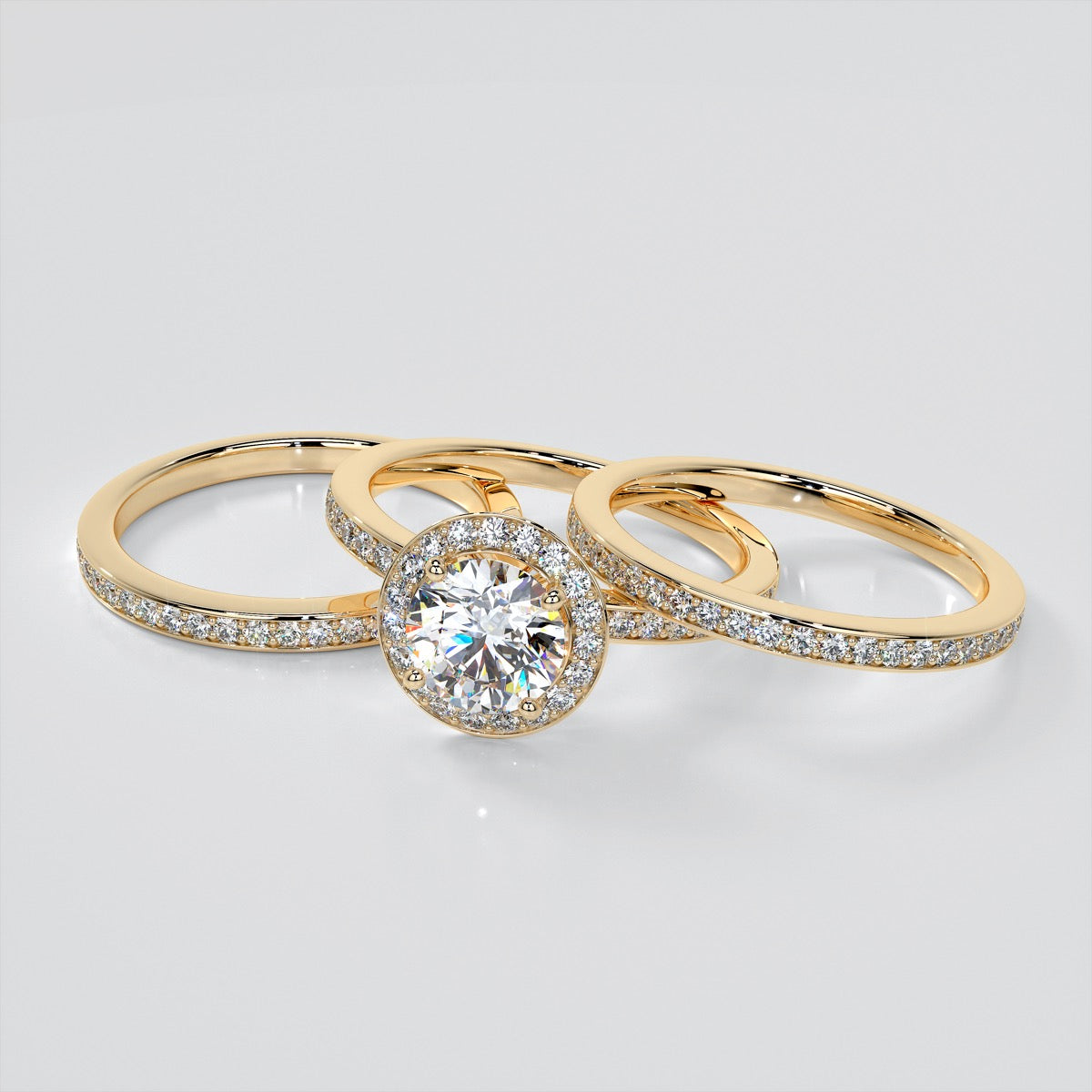 Round Cut Pavé Style Halo Wedding Set With 2 Matching Bands