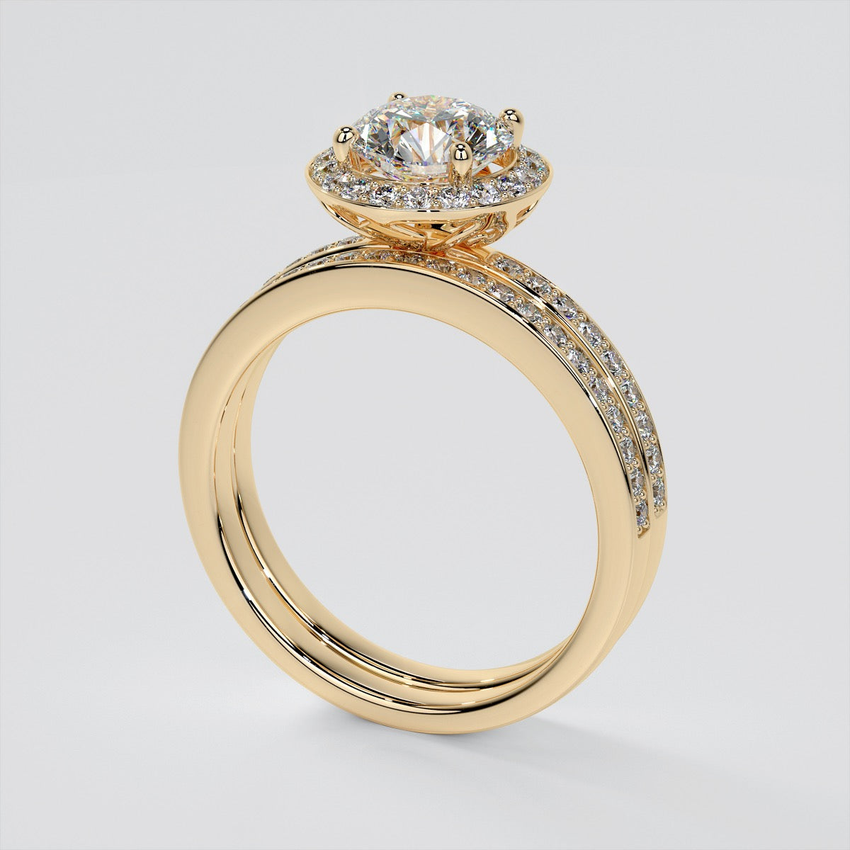 Round Cut Pavé Style Halo Wedding Set With Accents