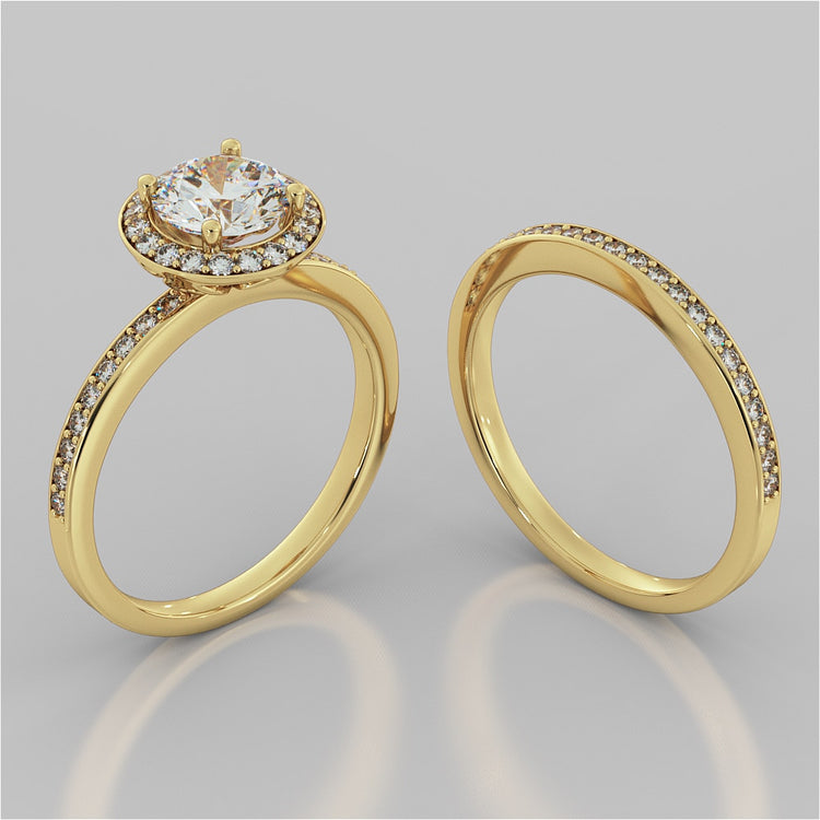 Round Cut Pavé Style Halo Wedding Set With 2 Matching Bands