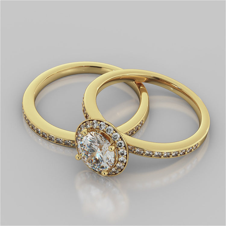 Round Cut Pavé Style Halo Wedding Set With Accents