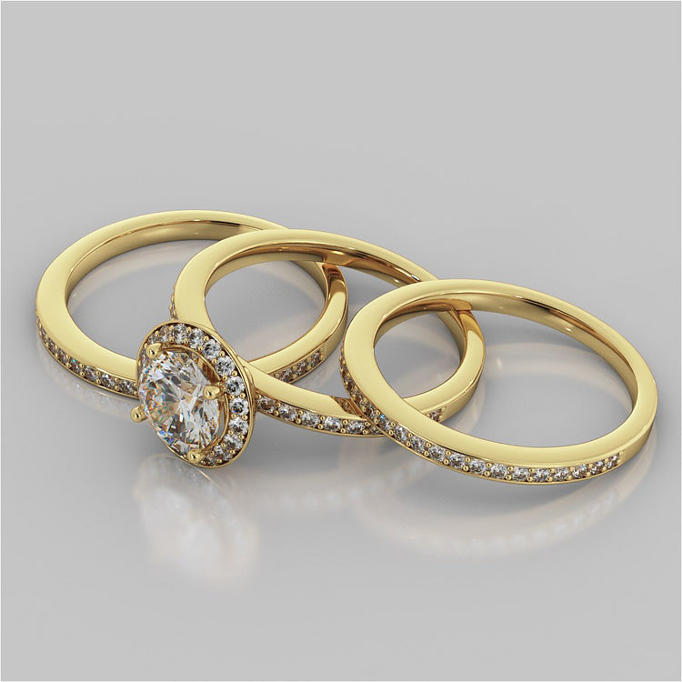 Round Cut Pavé Style Halo Wedding Set With 2 Matching Bands