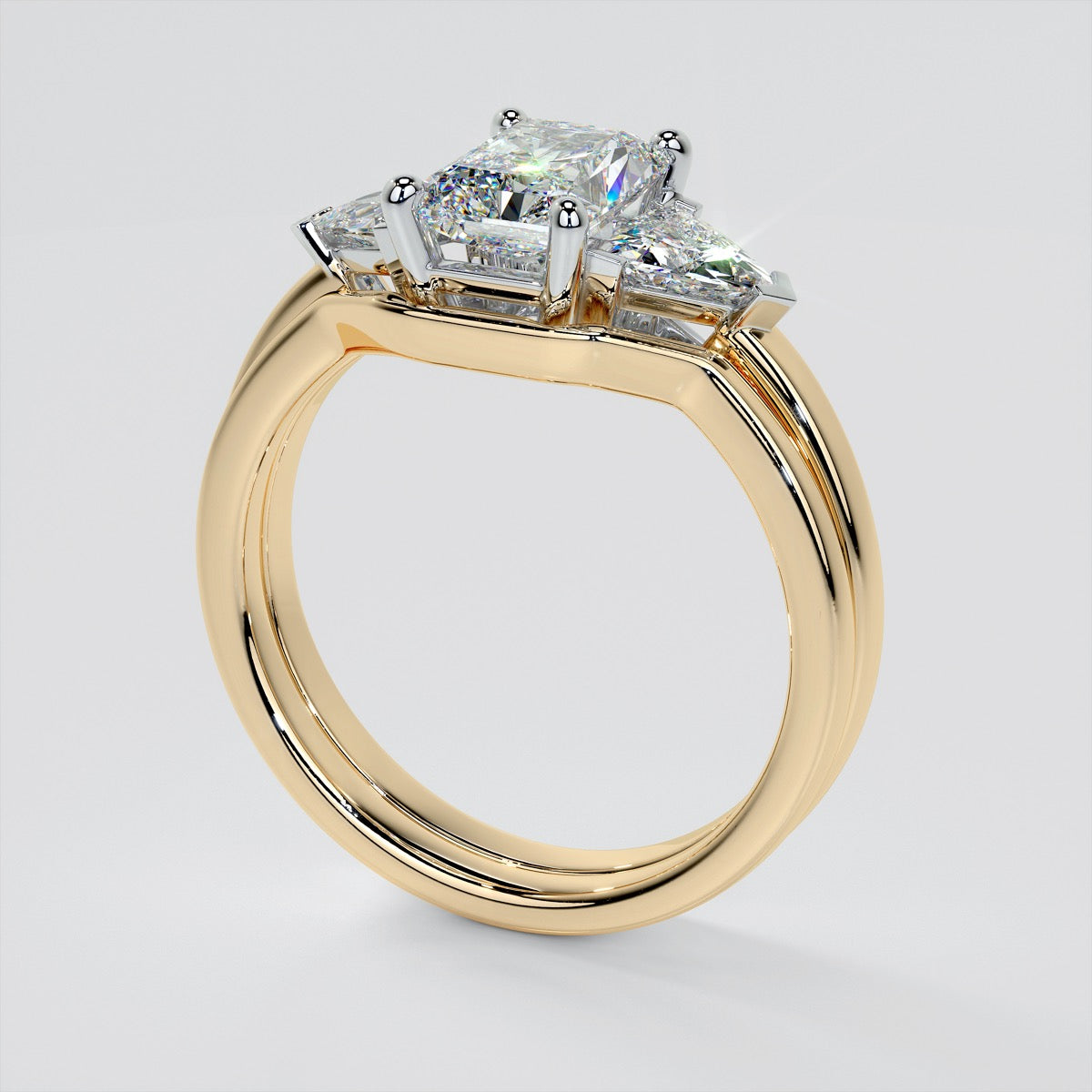 Radiant Cut Three-Stone Engagement Ring With Trillion Accents