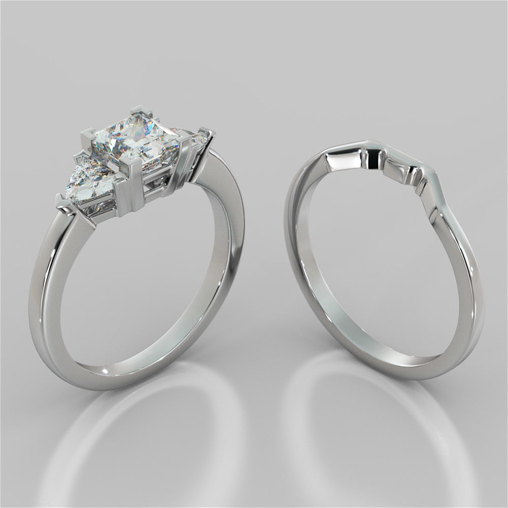 Lab Grown Diamond Princess Cut Three-Stone Engagement Ring With Trillion Accents