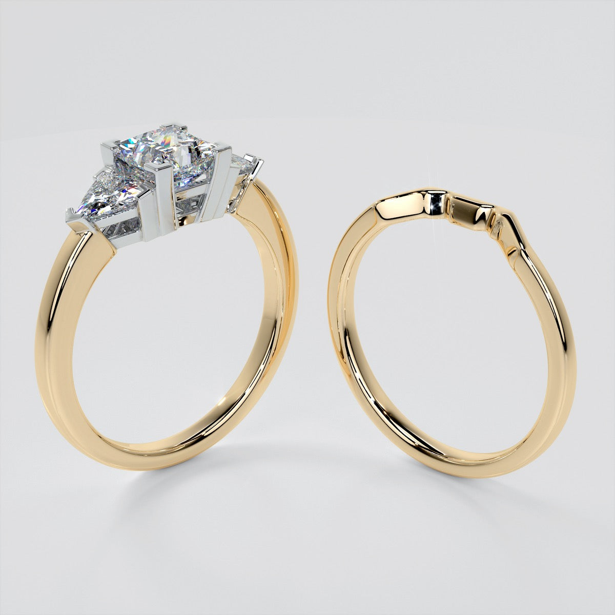Princess Cut Three-Stone Wedding Set With Trillion Accents