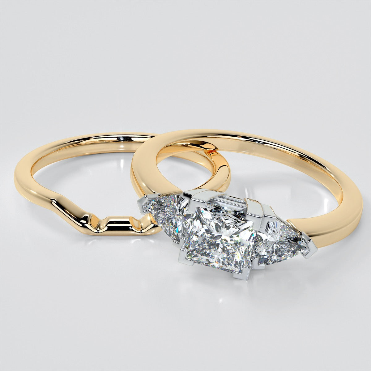 Princess Cut Three-Stone Wedding Set With 2 Matching Bands