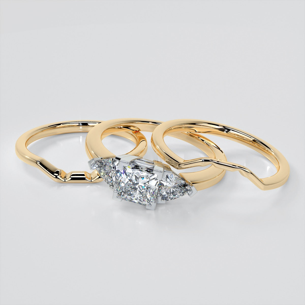 Princess Cut Three-Stone Wedding Set With Trillion Accents