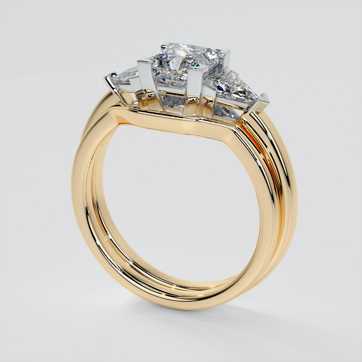 Princess Cut Three-Stone Wedding Set With Trillion Accents