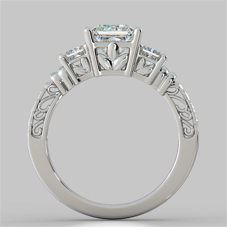 Lab Grown Diamond Princess Cut Three-Stone Filigree Engagement Ring