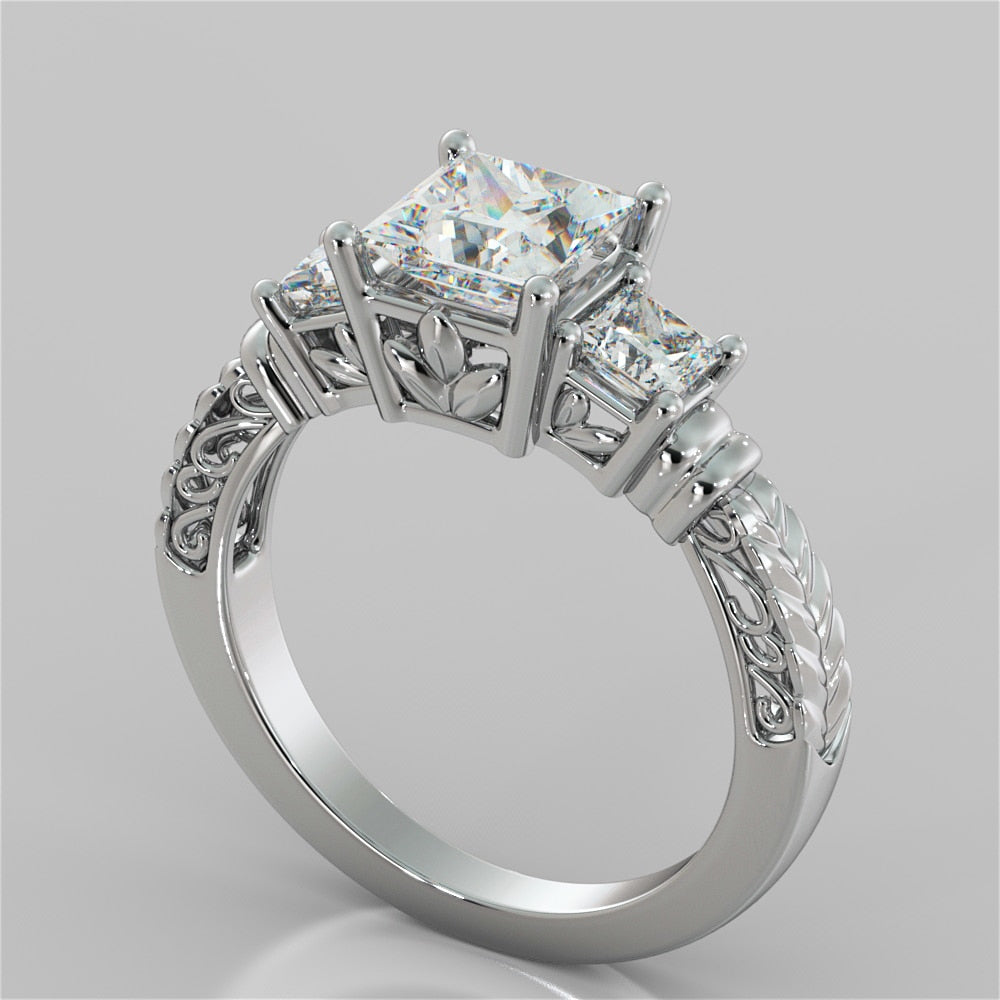 1.25Ct Princess Cut Lab Grown Diamond Three-Stone Filigree Engagement Ring