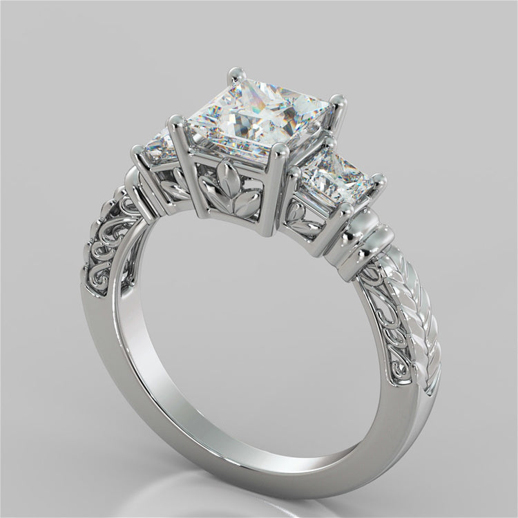 Lab Grown Diamond Princess Cut Three-Stone Filigree Engagement Ring