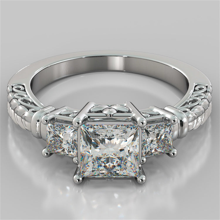 Lab Grown Diamond Princess Cut Three-Stone Filigree Engagement Ring