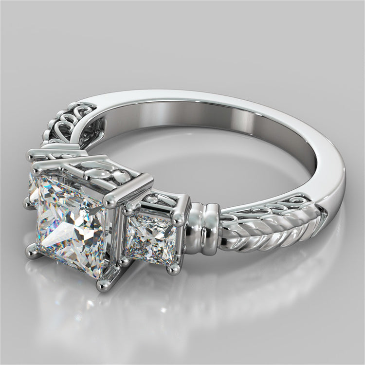 Lab Grown Diamond Princess Cut Three-Stone Filigree Engagement Ring