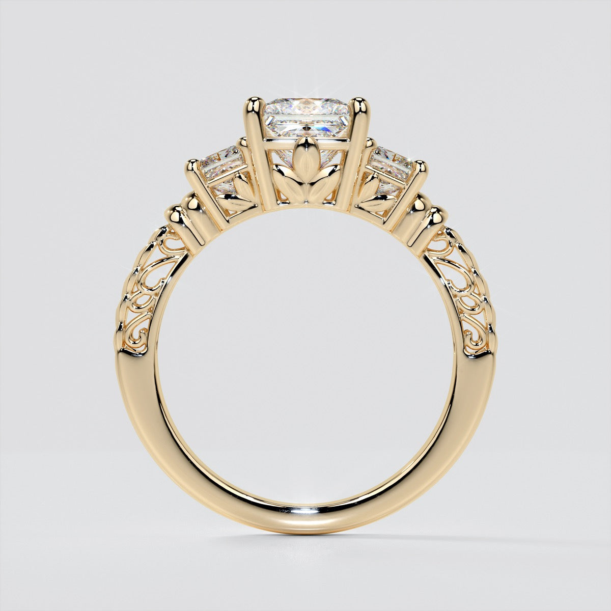 1.25Ct Princess Cut Lab Grown Diamond Three-Stone Filigree Engagement Ring
