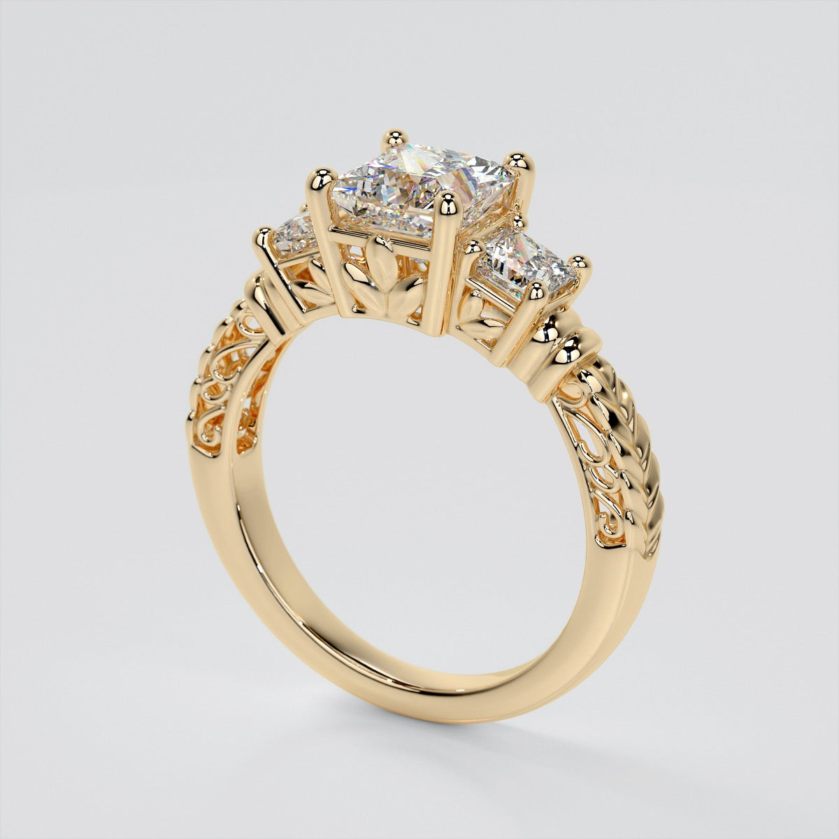 1.25Ct Princess Cut Lab Grown Diamond Three-Stone Filigree Engagement Ring