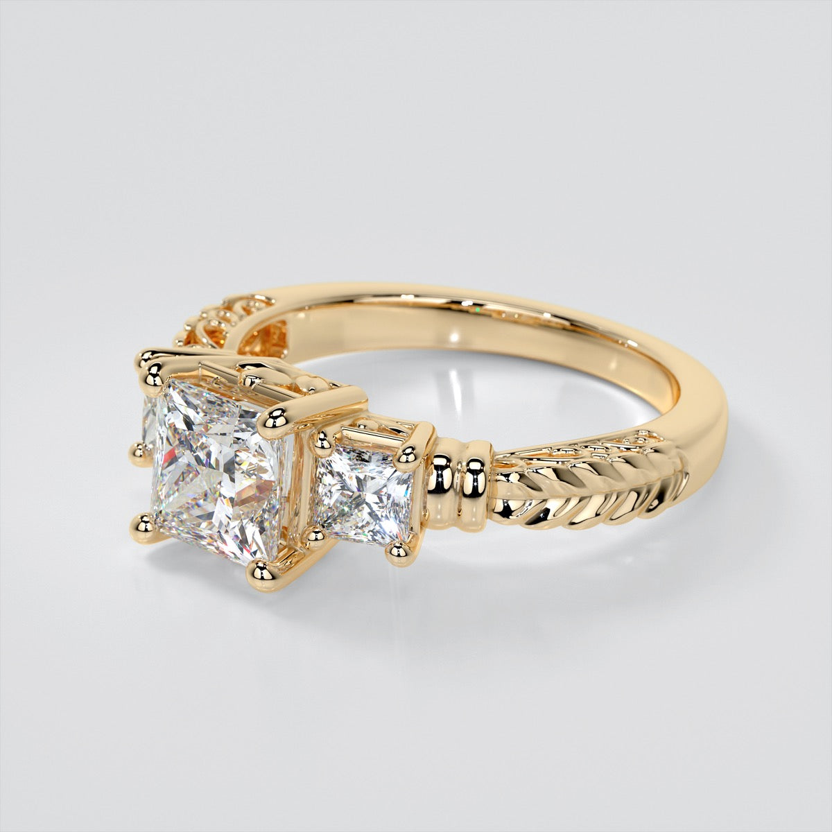 1.25Ct Princess Cut Lab Grown Diamond Three-Stone Filigree Engagement Ring