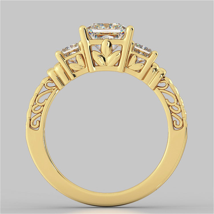 Lab Grown Diamond Princess Cut Three-Stone Filigree Engagement Ring