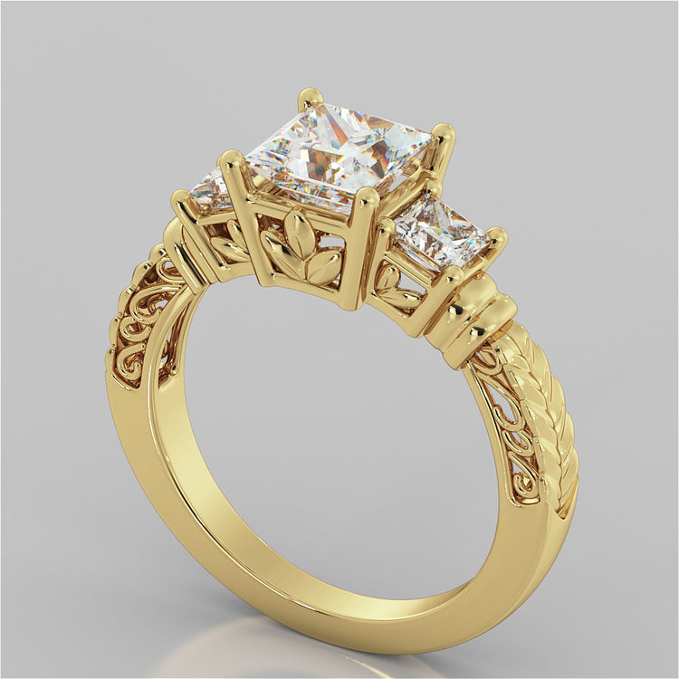 Lab Grown Diamond Princess Cut Three-Stone Filigree Engagement Ring