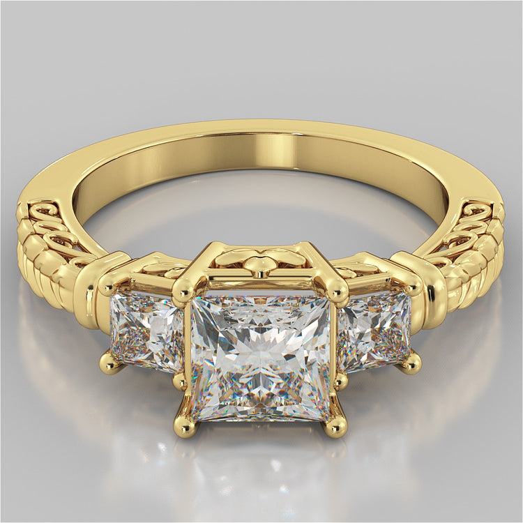 Lab Grown Diamond Princess Cut Three-Stone Filigree Engagement Ring