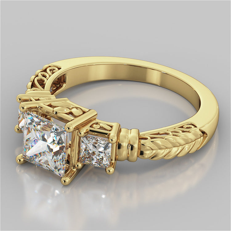 Lab Grown Diamond Princess Cut Three-Stone Filigree Engagement Ring