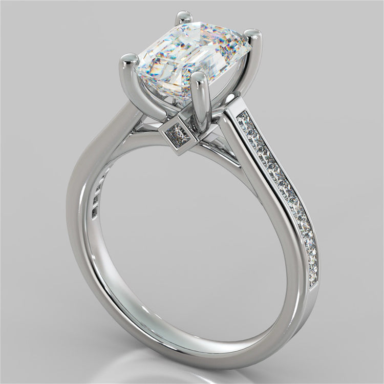 Lab Grown Diamond Emerald Cut Cathedral Style Engagement Ring With Princess Cut Accents