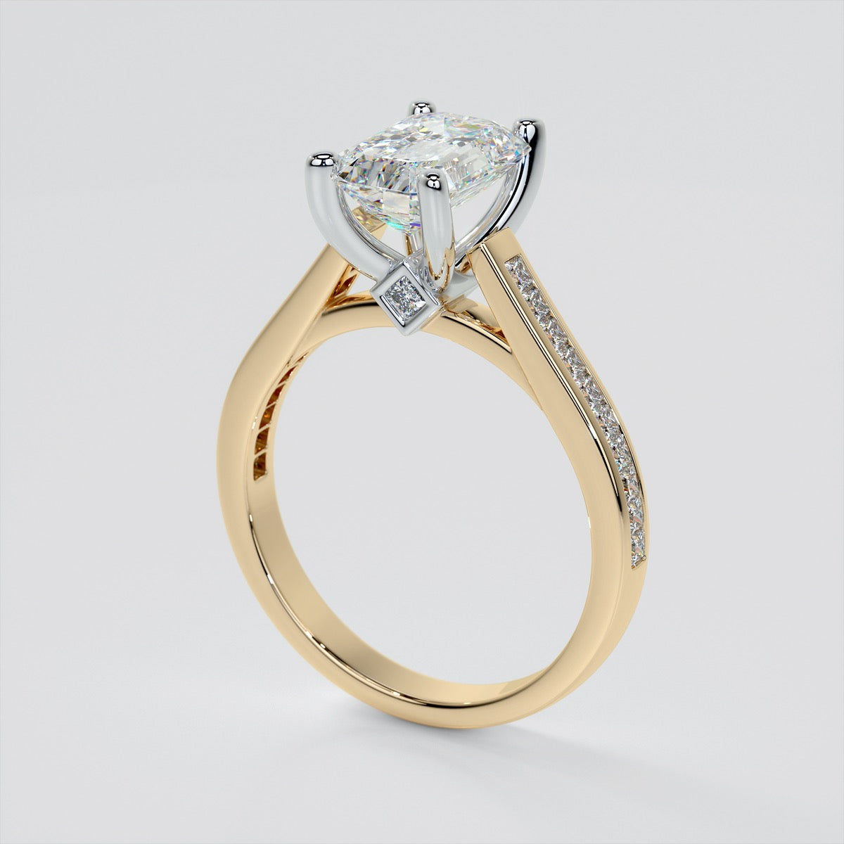 Lab Grown Diamond Emerald Cut Cathedral Style Engagement Ring With Princess Cut Accents