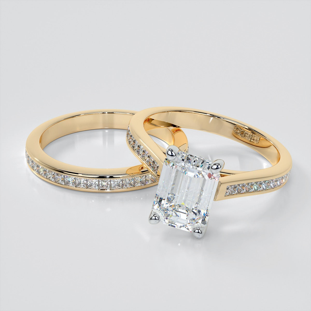 Emerald Cut Cathedral Style Wedding Set With Princess Cut Accents