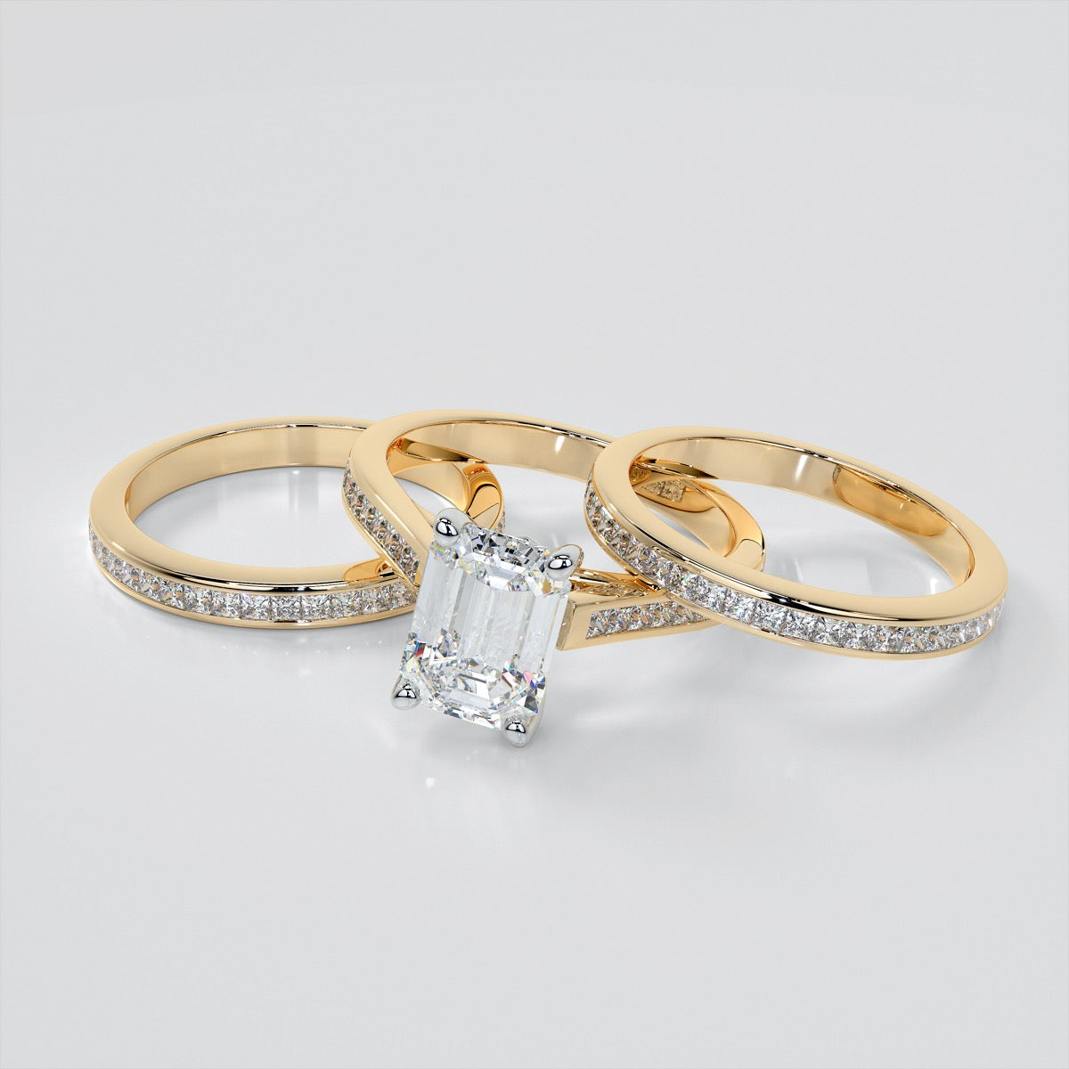 Emerald Cut Cathedral Style Wedding Set With Princess Cut Accents