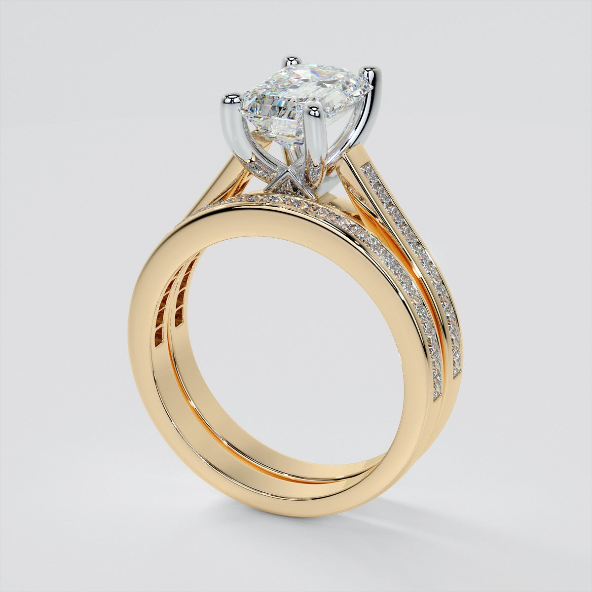 Emerald Cut Cathedral Style Wedding Set With Princess Cut Accents